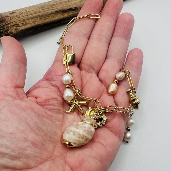 Gold Shell & Pearl Charm Necklace-Starfish, Heart & Lock Accents - Picture 4 of 7